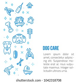 Dog grooming Line art banner with sign of dog, bone, clipper, comb. Stylish animal equipment for your promo design