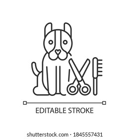 Dog grooming linear icon. Pet hair cutting, animal beauty treatment thin line customizable illustration. Contour symbol. Professional groomer service. Vector isolated outline drawing. Editable stroke