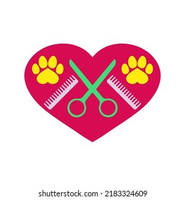 Dog grooming logo design. Dog paw print with comb, scissors and red heart. Vector clipart and drawing. Isolated illustration on white background.