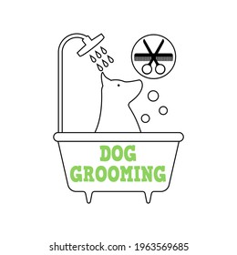 Dog grooming logo design template. The dog is washing in the bathtub. Vector clipart and drawing. Isolated illustration on white background.