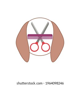 Dog grooming logo design template. Dog head with comb and scissors. Vector clipart and drawing. Isolated illustration on white background.