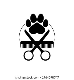 Dog grooming logo design template. Dog pawprint with comb and scissors. Vector clipart and drawing. Isolated illustration on white background.
