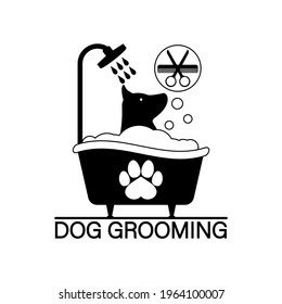 Dog grooming logo design template. The dog is washing in the bathtub. Vector clipart and drawing. Isolated illustration on white background.
