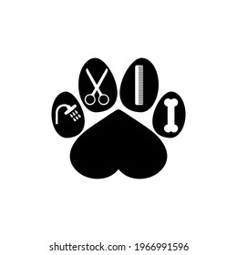 Dog grooming logo design template. Dog paw print in heart shape with comb, scissors, shower and bone. Vector clipart and drawing. Isolated illustration on white background.