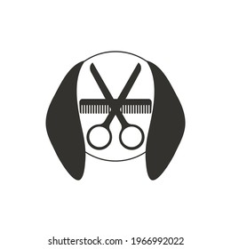 Plantilla de diseño del logotipo de preparación de perros. Cabeza de perro con peine y tijeras. Clíparte vectorial y dibujo. Ilustración aislada sobre fondo blanco.