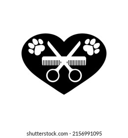 Dog Grooming Logo Design Template. Dog Pawprint With Comb And Scissors. Vector Clipart And Drawing. Isolated Illustration On White Background.