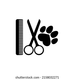 Dog grooming logo design template. Dog pawprint with comb and scissors. Vector clipart and drawing. Isolated illustration on white background.