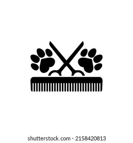 Dog Grooming Logo Design Template. Dog Pawprint With Comb And Scissors. Vector Clipart And Drawing. Isolated Illustration On White Background.