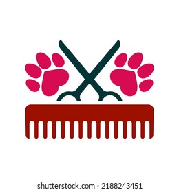Dog grooming logo design template. Dog paw prints with comb and scissors. Vector clipart and drawing. Isolated illustration on white background.