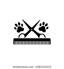 Plantilla de diseño del logotipo de preparación de perros. Huella de perro con peine y tijeras. Clíparte vectorial y dibujo. Ilustración aislada sobre fondo blanco.