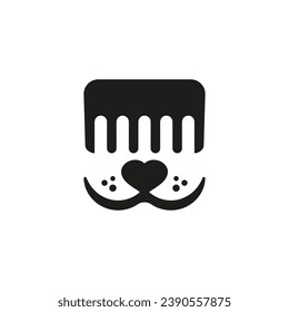 Dog grooming logo design template. Dog face with comb. Vector clipart and drawing. Isolated illustration on white background.