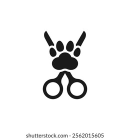 Dog grooming logo design template. Dog paw print with scissors. Vector isolated illustration on white background.