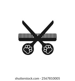 Dog grooming logo design template. Dog paw print with comb and scissors. Vector isolated illustration on white background.