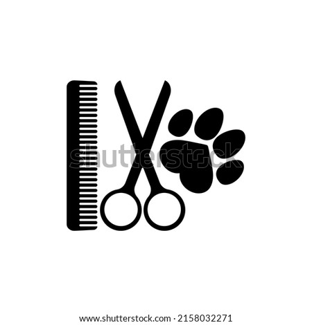 Dog grooming logo design template. Dog pawprint with comb and scissors. Vector clipart and drawing. Isolated illustration on white background.