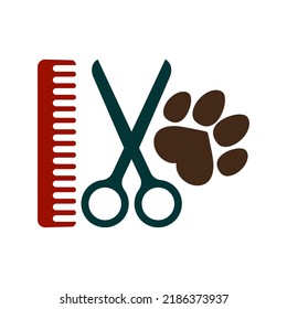 Dog grooming logo. Dog paw print. Comb and scissors. 