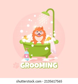 Dog grooming. An orange spitz dog sits in a green bathroom with soap bubbles under the shower on a peach background. Vector illustration.