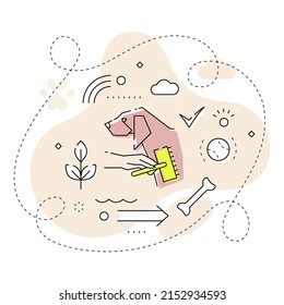 Dog grooming outline illustration with line icons isolated on white background. Dog icon and hand with brush. Dog training or outdoor activity concept. Vector.