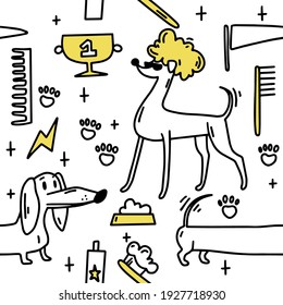 Dog grooming pattern. Dog grooming. Groomer. Grooming tools. Doodle pattern. For backgrounds, packaging, textile and various other designs.