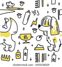 Dog grooming pattern. Dog grooming. Groomer. Grooming tools. Doodle pattern. For backgrounds, packaging, textile and various other designs.