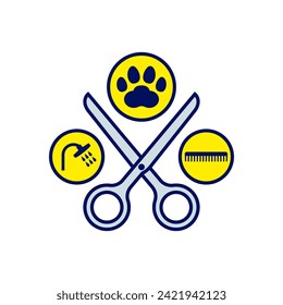 Dog grooming. Dog paw print with scissors and comb. Color vector drawing. Isolated illustration on white background.	
