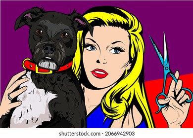 Dog Grooming. Pop Art Woman, Groomer with Scissors. Beautiful Girl With Blonde Hair Holding A Pet. Dog gets hair cut at Pet Spa Grooming Salon. Closeup. Vector illustration in Comic Book Pop Art retro