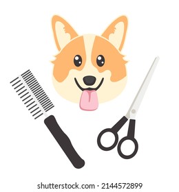 Dog grooming poster on white background with corgi and grooming equipment