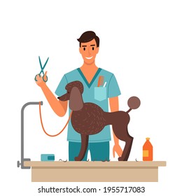 Dog grooming in the salon conceptual illustration in flat style. Vector file.