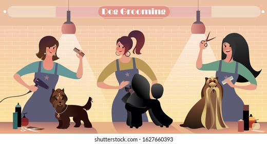 Dog Grooming Salon. Flat vector mockup for a layout landing page or design advertising banner.