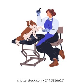 Dog grooming salon. Groomer doing claw cut, nail trim with clips, scissors. Doggy, puppy at canine beauty saloon, professional animal service. Flat vector illustration isolated on white background