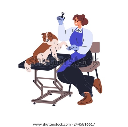 Dog grooming salon. Groomer doing claw cut, nail trim with clips, scissors. Doggy, puppy at canine beauty saloon, professional animal service. Flat vector illustration isolated on white background