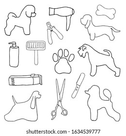 Dog grooming salon. Poodle, Schnauzer, Dandie Dinmont Terrier, Bichon Frise, Cocker Spaniel, grooming tools vector set