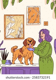 Dog grooming scene with woman and pet care theme. Woman with purple hair grooms a happy brown dog on a table in a cozy room with plants and framed art