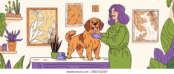 Dog grooming scene with woman smiling. Cozy room with plants and framed art. Dog on table receiving care. Warm colors and detailed decor. Perfect for pet care content