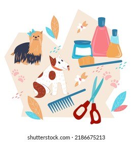 Dog grooming service banner or pet grooming and care products sale label design, flat vector isolated on white background. Decorative element with tools, cosmetic and funny dogs.