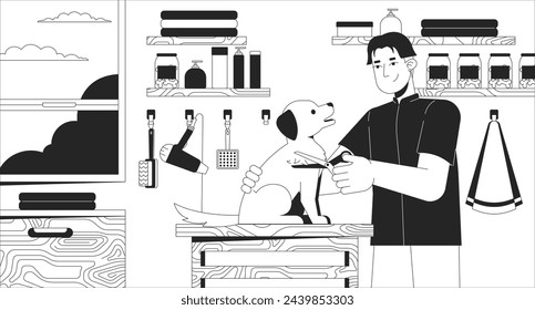 Dog grooming service black and white line illustration. Animal spa. Professional pet care small business 2D characters monochrome background. Private entrepreneurship work outline scene vector image