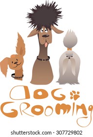 Dog grooming service illustration with three dogs of different breeds and original lettering, ESP 8 vector illustration, no transparencies