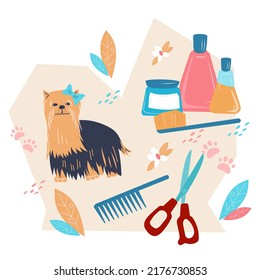 Dog grooming service or pet grooming product sale, flat vector isolated on white background. Decorative element with grooming tools, cosmetic and funny dog.