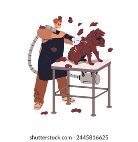 Dog grooming service, professional express molt. Doggy at groomer, canine beauty salon. Removing hair, shedding with vacuum blow dryer. Flat graphic vector illustration isolated on white background
