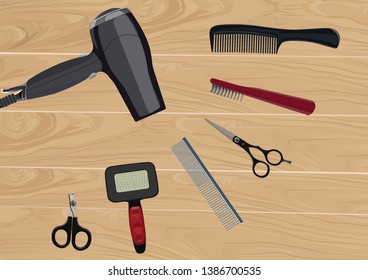 Dog grooming set. Flat grooming salon equipment set, dog haircut tools icons. Dog groomer collection. Vector illustration.