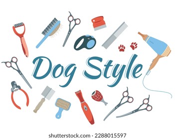 Dog grooming set with professional style symbols flat isolated vector illustration