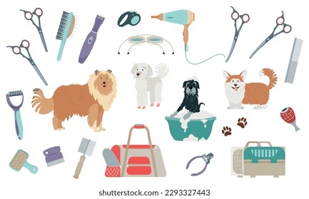 Juego de preparación de perros con símbolos de estilo ilustración vectorial aislada plana