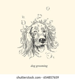 Dog grooming. The dog in soap bubbles. Vintage style. Vector illustration.
