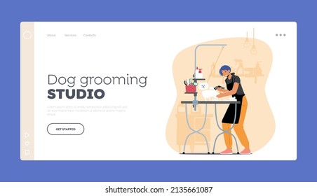 Dog Grooming Studio Landing Page Template. Hairdresser Groomer Female Character Trimming Cute Dog in Salon. Pet Hair Styling and Grooming Shop, Store for Dogs Care. Cartoon People Vector Illustration