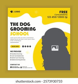 Dog grooming training academy social media post design or pet business web square post banner template