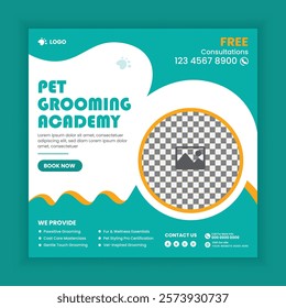 Dog grooming training academy social media post design or pet business web square post banner template