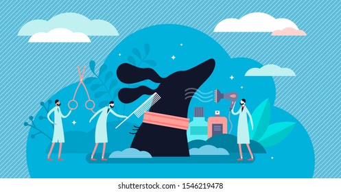 Dog grooming vector illustration. Flat tiny pet beauty care persons concept. Veterinary or fur salon for domestic puppies hygiene. Professional shop or clinic scene with shampoo, scissors and comb..