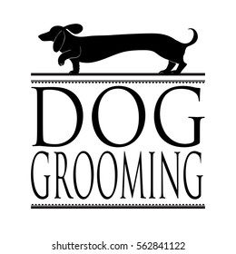 Dog grooming vector sign or newspaper ad design with hand drawn dachshund icon on top of elegant vintage style frame layout