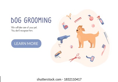 Dog grooming website. Pet haircut in cartoon style. Golden Retriever and grooming products, shampoos, wire cutters, combs, scissors. Vector. Landing page isolated on white background