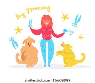 Dog grooming Woman with scissors in hair-dryer and two dogs Vector. Cartoon. Isolated art on white background. Flat