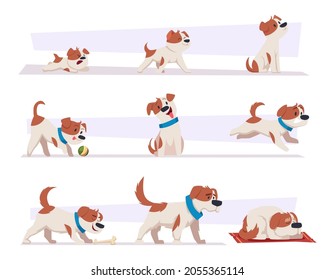 Dog growth stages. Cartoon domestic animal puppy life progress pictures happy active puppy and tired old dog exact vector illustration set - Shutterstock ID 2055365114